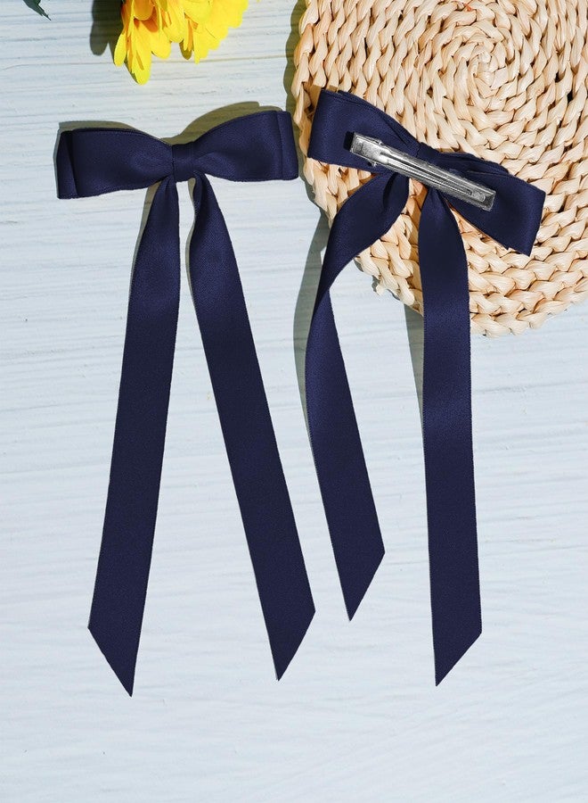 TULOBI 2PCS Navy Blue Hair Bows Solid Satin Polyester Ribbon Bow Hair Clips Ponytail Big French Hair Barrettes with Long Tail Wedding Dress Decor Hair Accessories for Women Toddler Teen Girls - Image 4